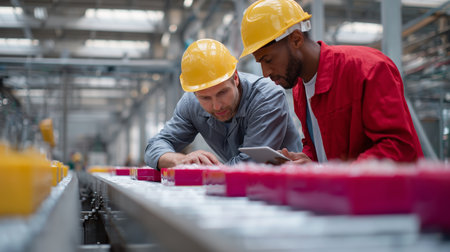 Workers collaborate in a factory setting while inspecting colorful packaging during a quality control checkの素材