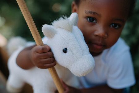Child enjoying playtime with a plush unicorn in a serene outdoor setting during the dayの素材