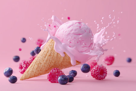 Delicious pink ice cream cone with berries on a pastel pink backgroundの素材