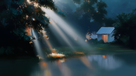 Misty morning light beams illuminating a tranquil lakeside cottage at dawnの素材