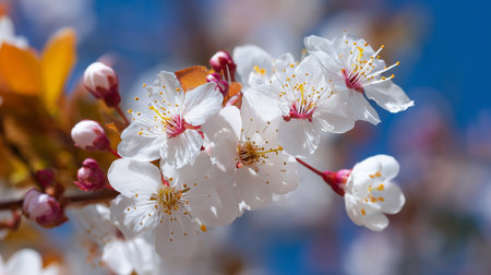 Spring blossoms bloom on cherry trees under clear blue sky in vibrant park during sunny afternoonの素材