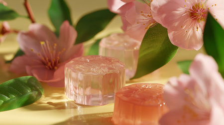 Delicate pink blossoms and translucent soap bars create a serene spring aesthetic on a soft yellow surfaceの素材