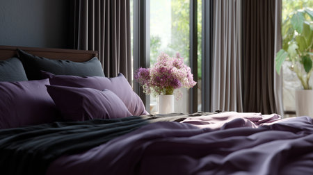 Cozy bedroom with purple bedding and a bouquet of flowers near large windows allowing natural lightの素材