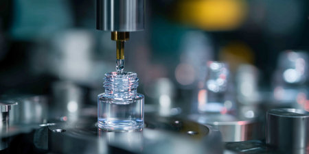 Precision filling process in a modern manufacturing facility with clear liquid in small bottlesの素材