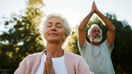 Meditation session in a sunny park with an older couple practicing mindfulness togetherの素材