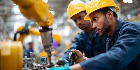 Skilled workers operating robotic machinery in a modern manufacturing facility during daytime shiftの素材