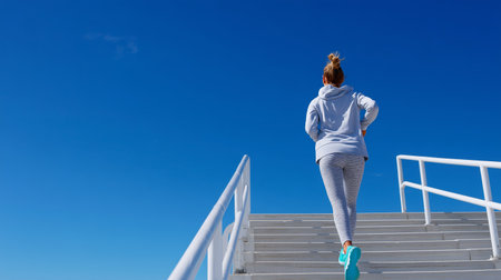 Woman jogging up outdoor stairs under clear blue sky in bright athletic gearの素材