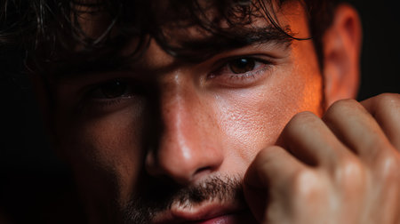 Close-up of a young man with intense gaze showcasing emotions in a dimly lit environmentの素材