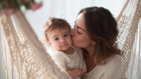 Loving moment between mother and baby in a cozy indoor setting with soft lightingの素材