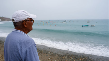 Elderly man gazes at tranquil ocean waves and fishing boats near the shore in a coastal village during a cloudy dayの素材
