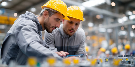 Workers collaborate on machinery in a factory setting during the day while wearing safety helmetsの素材