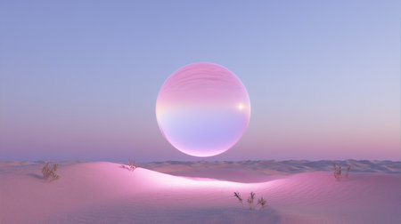 Large luminous orb floating above a desert landscape during twilight with soft pink and purple huesの素材