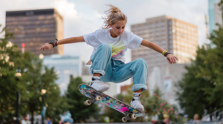 Skateboarder performs mid-air trick in urban park during sunny afternoon with city skyline in backgroundの素材