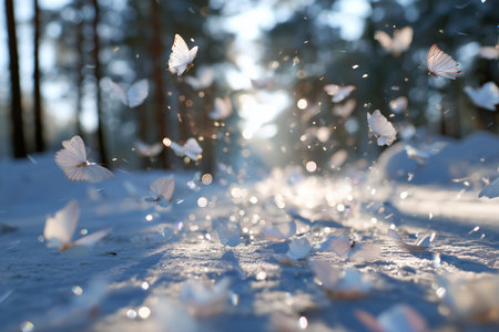 Delicate white butterflies take flight over snowy ground in serene winter landscapeの素材