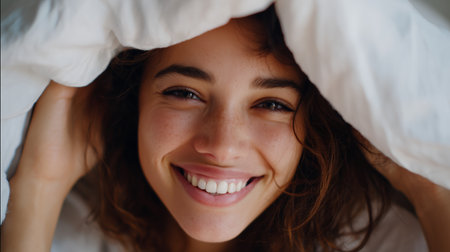 Smiling woman hiding under a blanket at home during a cozy morning routine with a warm atmosphereの素材