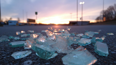 Shattered glass pieces scattered on pavement during sunset at a roadside locationの素材