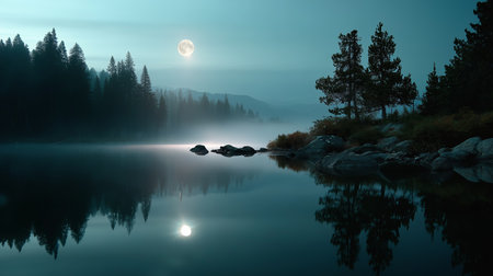 Quiet night by the serene lake under a full moon with mist rising from the water and trees silhouetted in the backgroundの素材