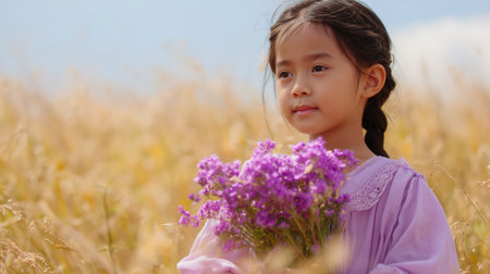 Little girl holding purple flowers in a golden field during a sunny dayの素材