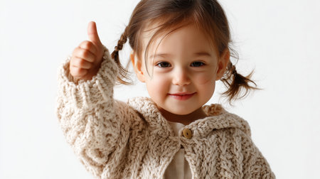 Little girl gives thumbs up gesture while wearing cozy sweater in bright indoor settingの素材