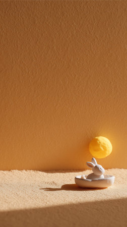 Decorative white rabbit figurine on a sandy surface with a playful yellow sphere in a warm, minimalistic settingの素材