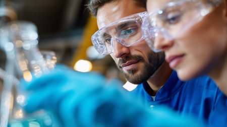 Scientists conducting experiments in a laboratory focused on glassware and chemical analysis during daytimeの素材