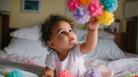 Baby playing with colorful pom-poms in a cozy bedroom during afternoon lightの素材