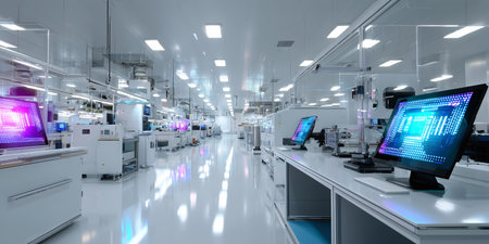 High-tech manufacturing facility with advanced equipment and bright lighting in a clean environmentの素材