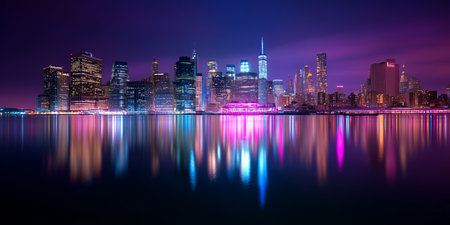 Vibrant city skyline illuminated at night with colorful reflections in the waterの素材