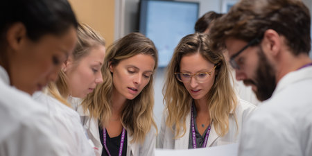 Medical researchers collaborate on clinical study in a lab setting with focus on data analysis and patient careの素材