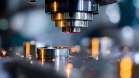 Precision laser cutting in an industrial workshop during daytime with focused machinery and technology in actionの素材