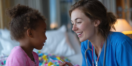 Caring nurse interacts with young girl in hospital room during evening hours, creating a warm and supportive environmentの素材