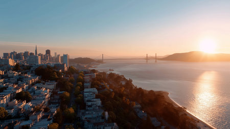 Golden hour view of San Francisco skyline and bay with bridge in the backgroundの素材