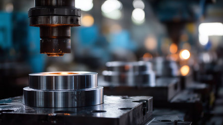 Machinery performs precision metal stamping at industrial facility during daytimeの素材