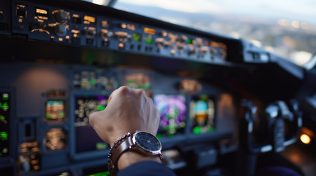 Cockpit view of a pilot during flight at sunset with focus on control panel and wristwatchの素材