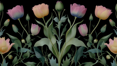 Colorful floral design featuring tulips and buds on a dark background in a vibrant artistic arrangementの素材