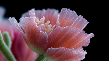 Intricate close-up of soft pink flower showcasing delicate petals and vivid details in natural lightの素材