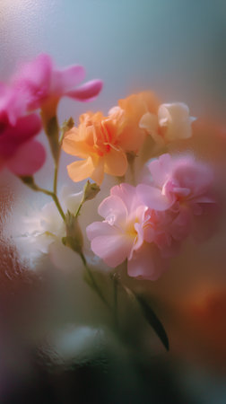 Colorful flowers in soft focus behind a misted glass surface during morning lightの素材
