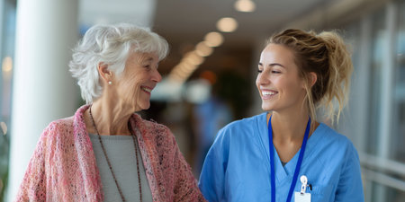 Caregiver and elderly woman share a joyful moment while walking in a healthcare facility corridorの素材