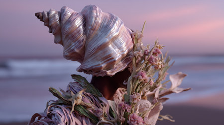 Unique fashion statement featuring a shell-inspired headdress against a beautiful sunset at the beachの素材