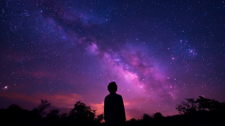 Night sky view featuring a silhouette of a person gazing at the Milky Way above a serene landscapeの素材