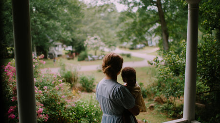 Mother holding child on porch surrounded by greenery during a calm summer afternoonの素材