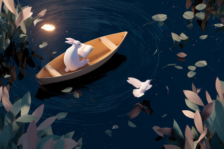 Rabbit reading on a boat under the stars in a tranquil night sky with a flying birdの素材