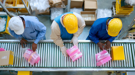 Workers at a distribution center sorting packages on a conveyor belt during a busy afternoon shiftの素材