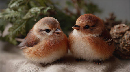 Two fluffy baby birds sitting together on a soft surface surrounded by greeneryの素材