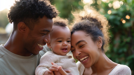 Joyful family moment in a garden during sunset with a happy babyの素材