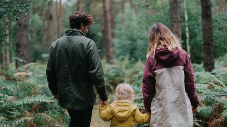 Family stroll through a lush green forest during a peaceful autumn afternoonの素材