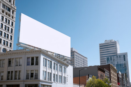 Billboard stands empty against a clear blue sky in an urban setting with modern and historic buildingsの素材