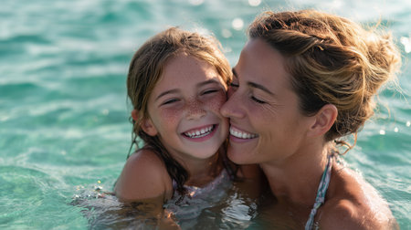 Mother and daughter enjoying a joyful moment together in clear turquoise water during a sunny day at the beachの素材
