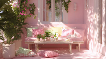 Cozy pink balcony with cozy seating, plants, and decorative pillows during bright daytime hoursの素材
