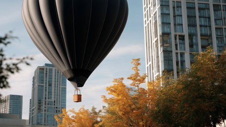 Hot air balloon floats above urban skyline during autumn, showcasing colorful trees and modern buildings under clear blue skyの素材